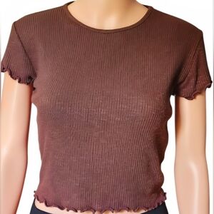 Liz & Sara Brown Ribbed Lettuce Hem Short Sleeve Top – Size L.